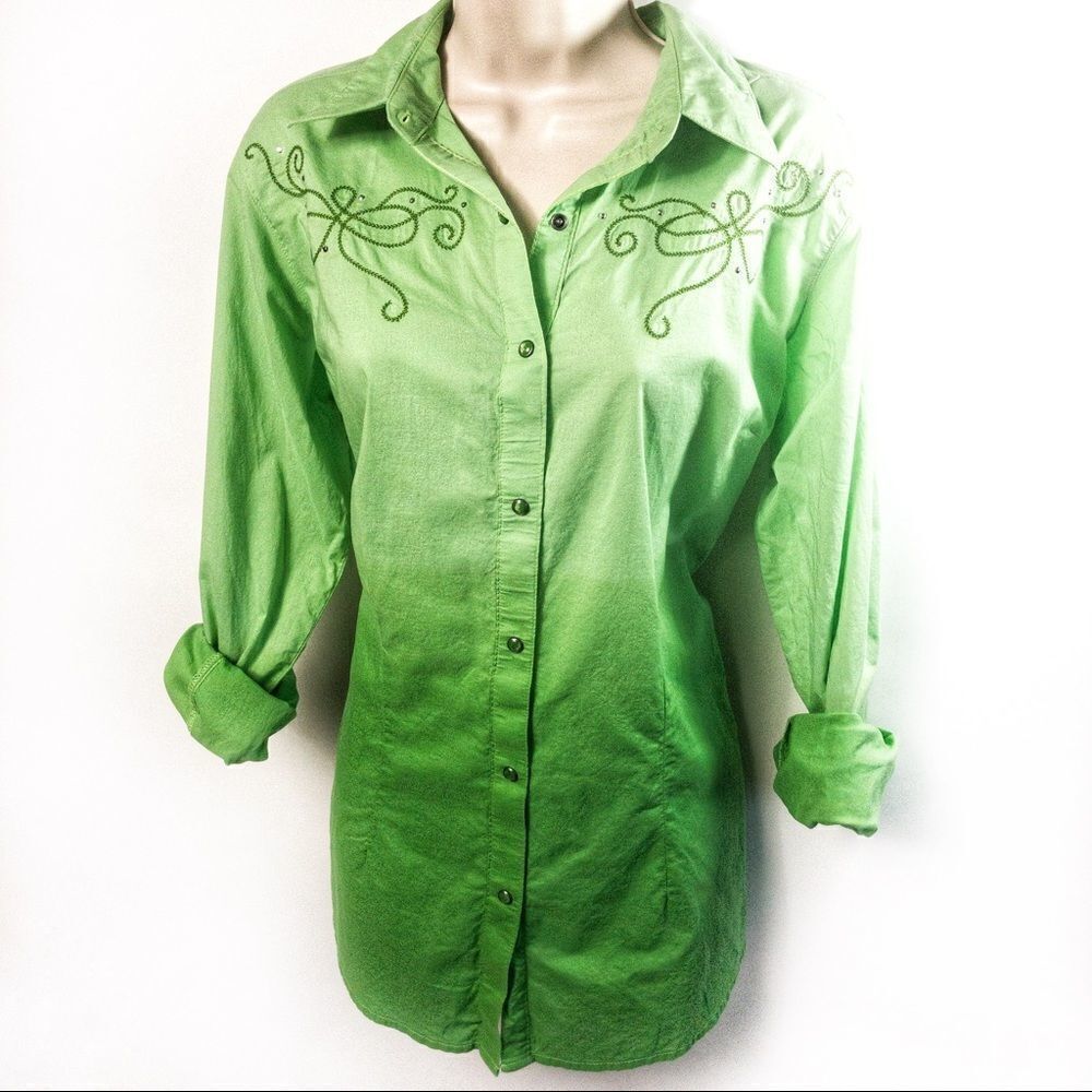 Green Ombré Western Snap Front Shirt Sz L